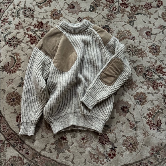 Men's Beige Sweater with Suede Patches
